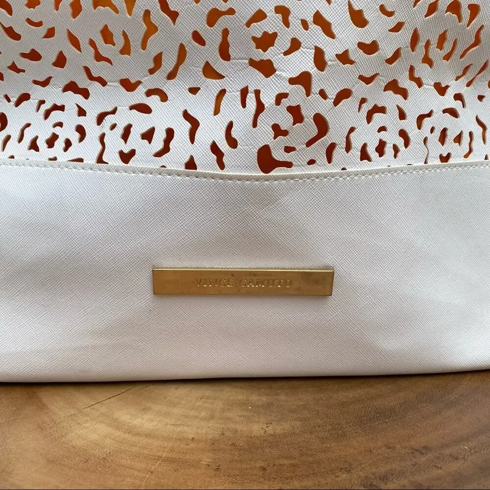 VINCE CAMUTO Laser Cut White Floral Vegan Leather Large Tote Beach Bag Purse